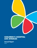 Colorful Children's Hospital Los Angeles logo on blue background with text 'Children's Hospital Los Angeles, Annual Report, 2023'