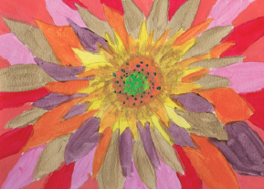 Child's brightly colored painting of the petals of a sunflower