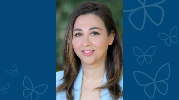 Professional headshot Pari Mokhtari, PhD, RD, against blue letterbox background with CHLA butterfly logos