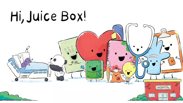 Brightly colored illustration from children's book showing a juice box in a hospital bed being greeted by excited inanimate objects with the text 'Hi, Juice Box'!