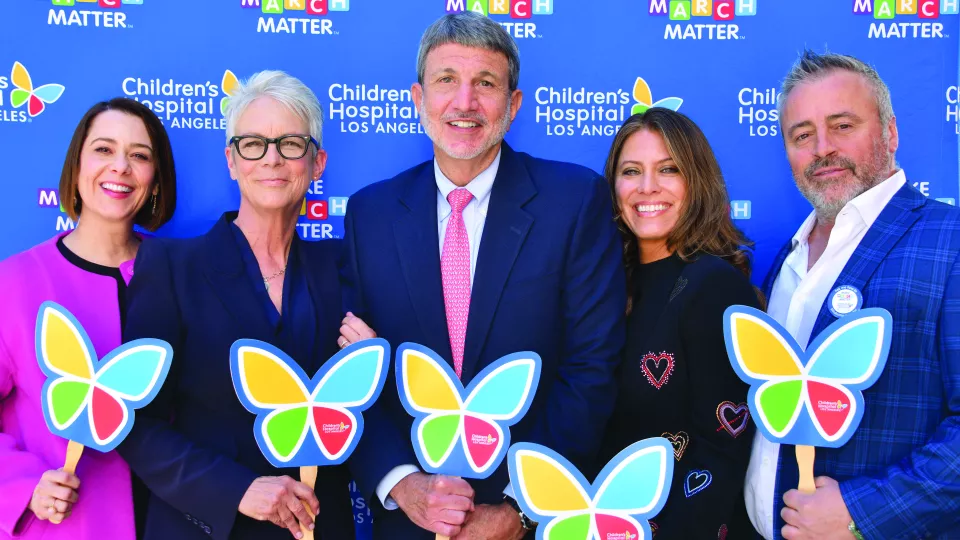 Alexandra Carter, Jamie Lee Curtis, Paul S. Viviano, Dawn Wilcox and actor Matt LeBlanc hold CHLA butterfly cutouts while smiling for a publicity photo