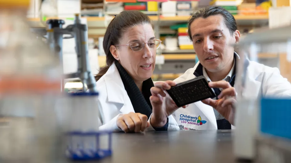 A medium-light skin-toned woman and a medium-light skin-toned man examine an object. Both wear lab coats.