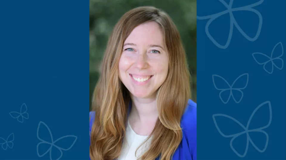 Professional headshot of Alice Martino, MD against blue letterbox background with CHLA butterfly logos