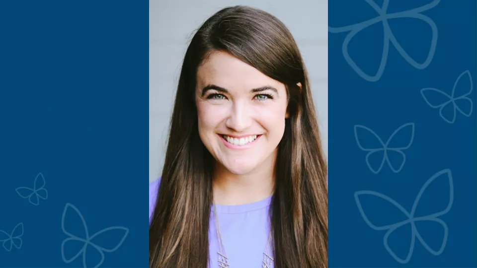 Professional headshot Jessica Schwartzman, PhD, against blue letterbox background with CHLA butterfly logos