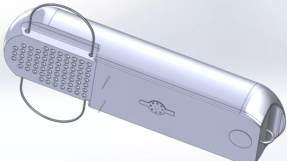 A long, silver-colored cylindrical device, with two wire-loop rings projecting out from the sides