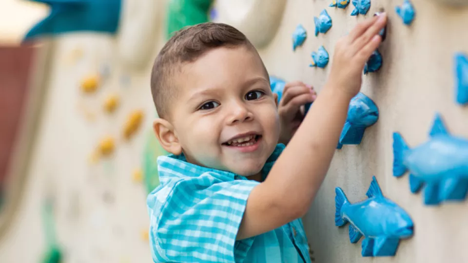 Young boy with light skin tone and blue shirt touches blue fish on play wall