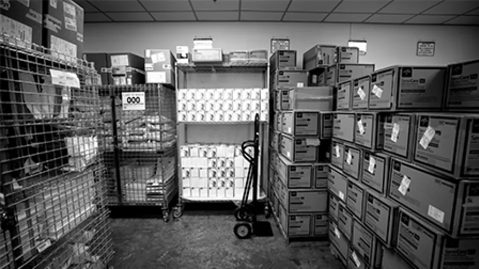 A storage room with COVID-19 test supplies and reagents