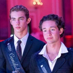 17-year-old Hunter stands with his friend Ian at the Leukemia Lymphoma Society Gala. Both wear LLS sashes. 