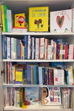 Brightly colored children's books line for shelves of a bookshelf