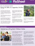 Cover of FloSheet Spring 2024, CHLA's publication for nurses, showing two articles with images of one nurse on a hike and another nurse in a hospital setting holding a patient