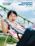 Young girl with light skin tone and short dark hair smiles as she swings on cover of Children's Hospital Los Angeles' Community Impact Report for Fiscal Year 2023