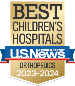 Image of U.S. News and World Report badge for "Best Children's Hospitals, Orthopedics, 2023-2024".