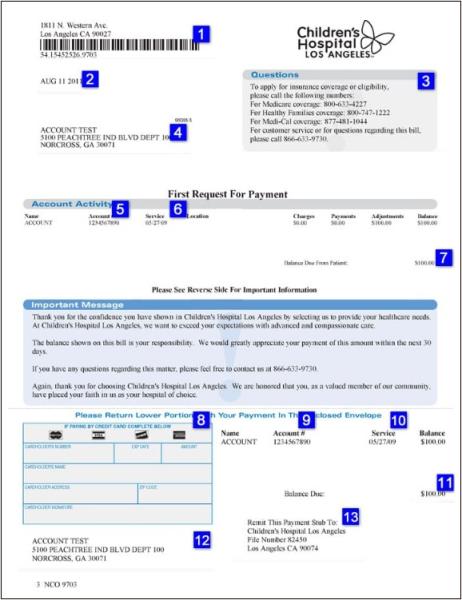 Image of a sample Children's Hospital Los Angeles hospital bill with 13 fields numbered in blue