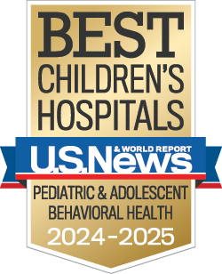 Image of U.S. News and World Report badge for "Best Children's Hospitals, Pediatric and Adolescent Behavioral Health, 2024-2025".