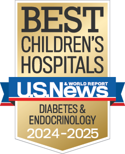 Image of U.S. News and World Report badge for "Best Children's Hospitals, Diabetes and Endocrinology, 2024-2025".