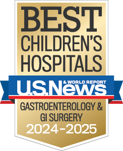 Image of U.S. News and World Report badge for "Best Children's Hospitals, Gastroenterology and GI Surgery, 2024-2025".