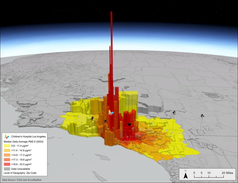 A gray digital map with varying shades of red, orange and yellow bars used to depict the volume of particulate matter of different sizes in the air throughout the Southern California region.